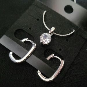 Sterling Silver - Solitaire Pendant and Hugger Earrings Set